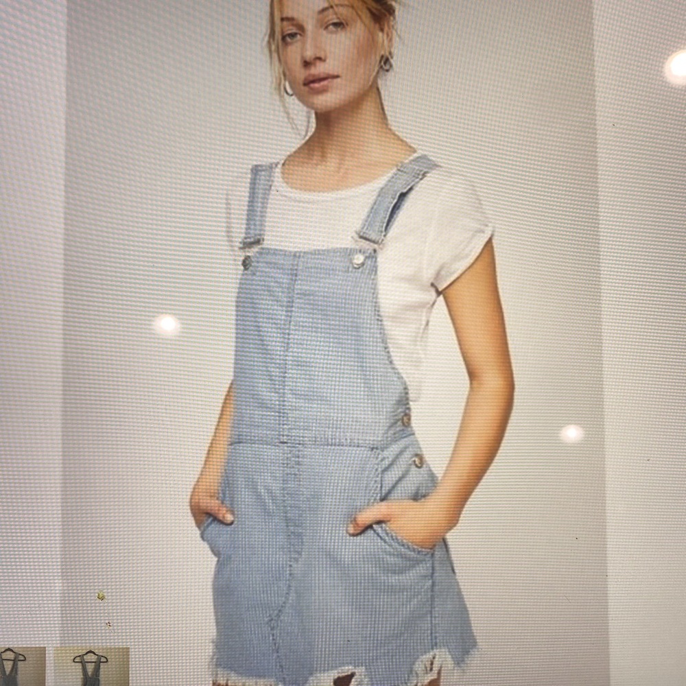 Free People Striped Denim Overalls Dress, Size 4, EUC